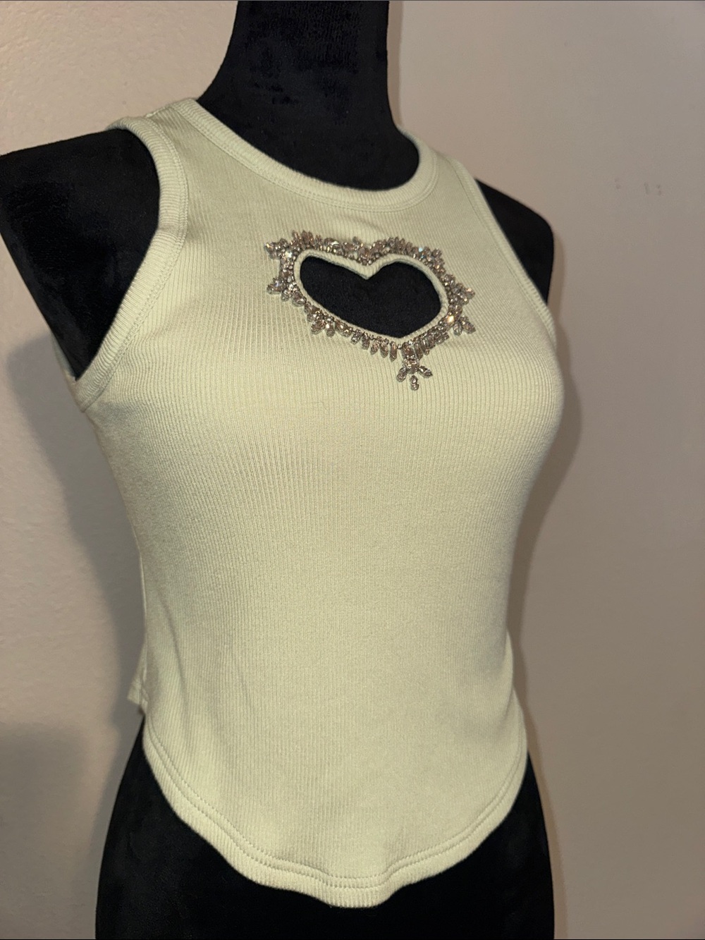 Ribbed Sleeveless Tank with Jeweled Heart Cutout - Light Sage